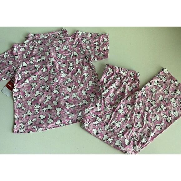 Peanuts SNOOPY Pink Women’s Sz M Pajama PJ Set Pants Short Sleeve Soft Daisies - Picture 7 of 8
